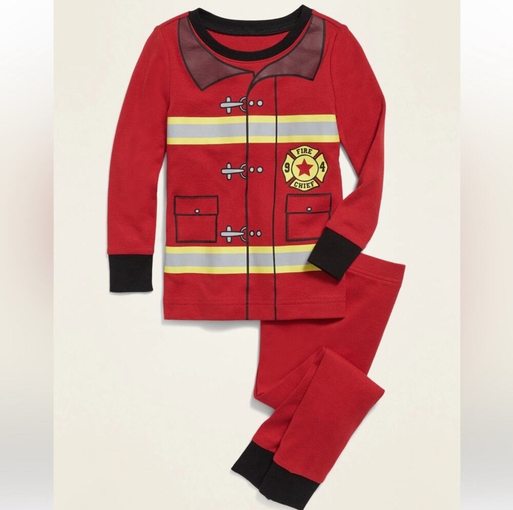 NEW OLD NAVY Unisex Red Yellow Firefighter Costume Pant Top Pajama PJ Set 18-24M